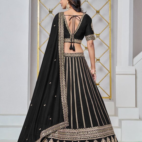 Bridal Wear Black Art Silk Embroidered Festive Lehenga Choli For Women - Picture 4 of 5